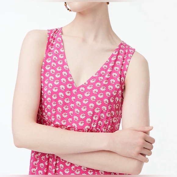 J Crew V Neck Midi Dress Size 6 Pink White Floral Tiered Summer Sundress Pockets - Picture 3 of 10